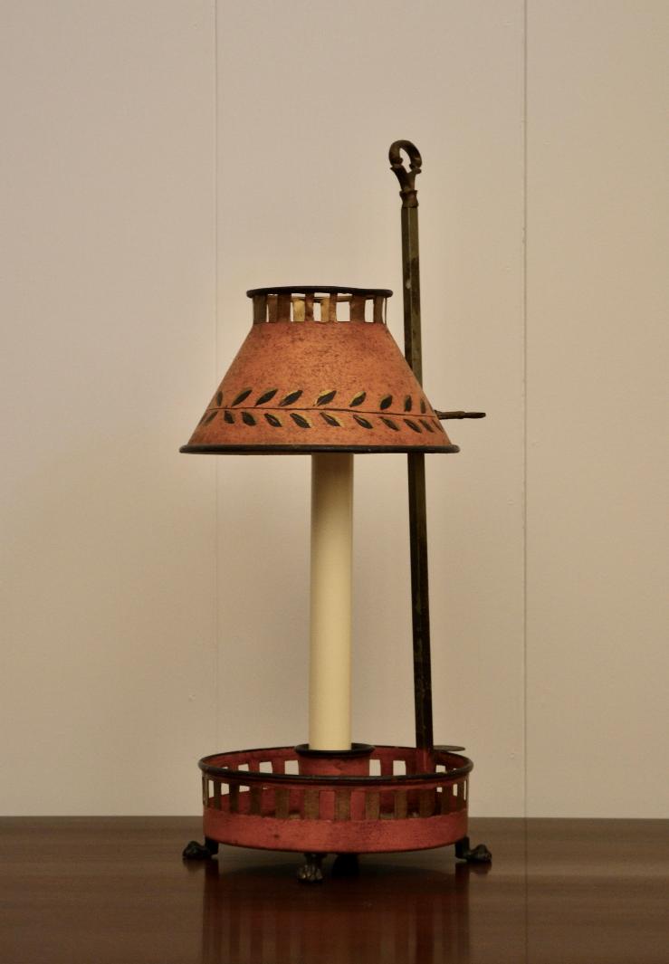 Vintage Bouillotte-style metal table lamp with red painted shade and olive branch motif
