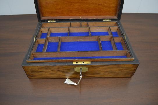 Antique mahogany jewelry box with removable blue velvet-lined compartment tray