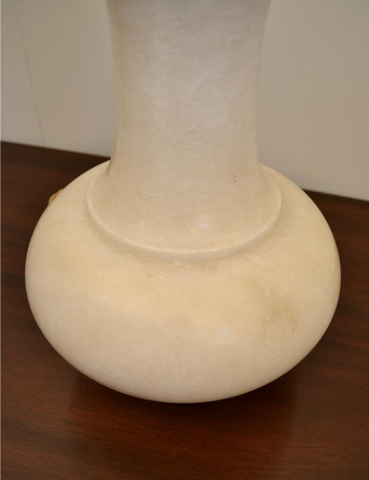 Close-up of alabaster lamp base showing natural stone texture and craftsmanship