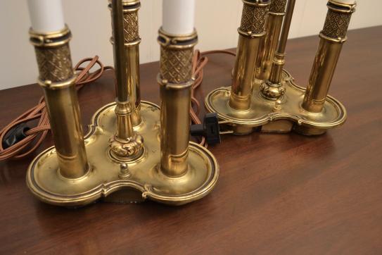 Pair of tall brass Stiffel table lamps with double sockets and ornate bases