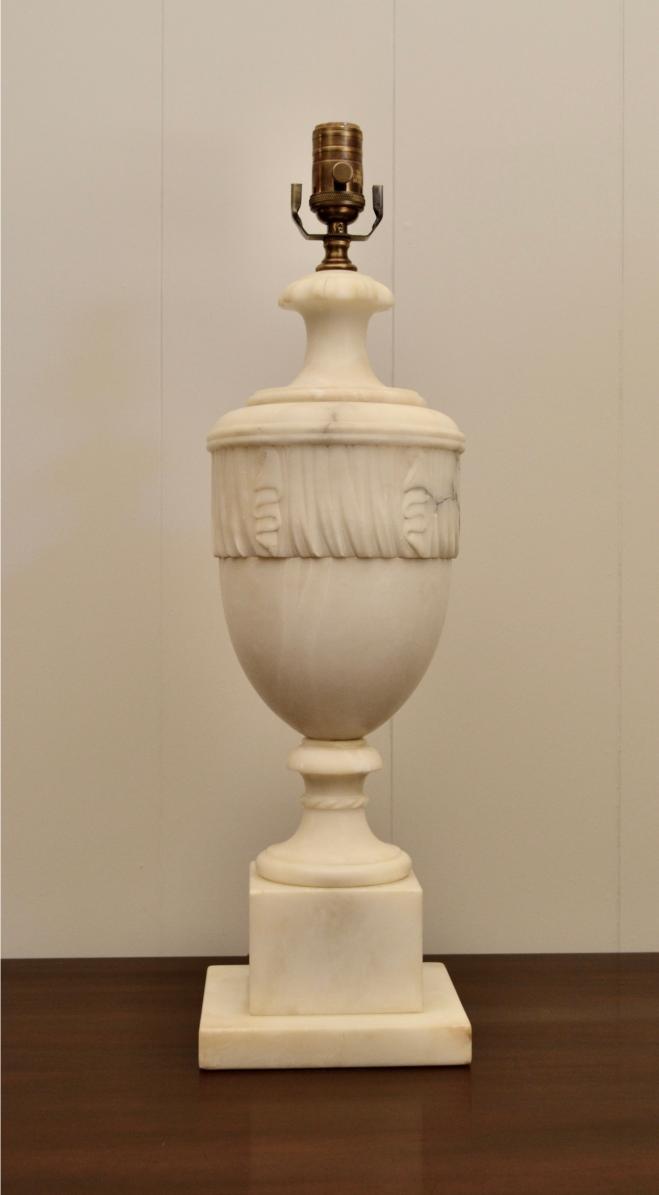 Vintage neoclassical white alabaster urn lamp with carved drapery detail and square pedestal base