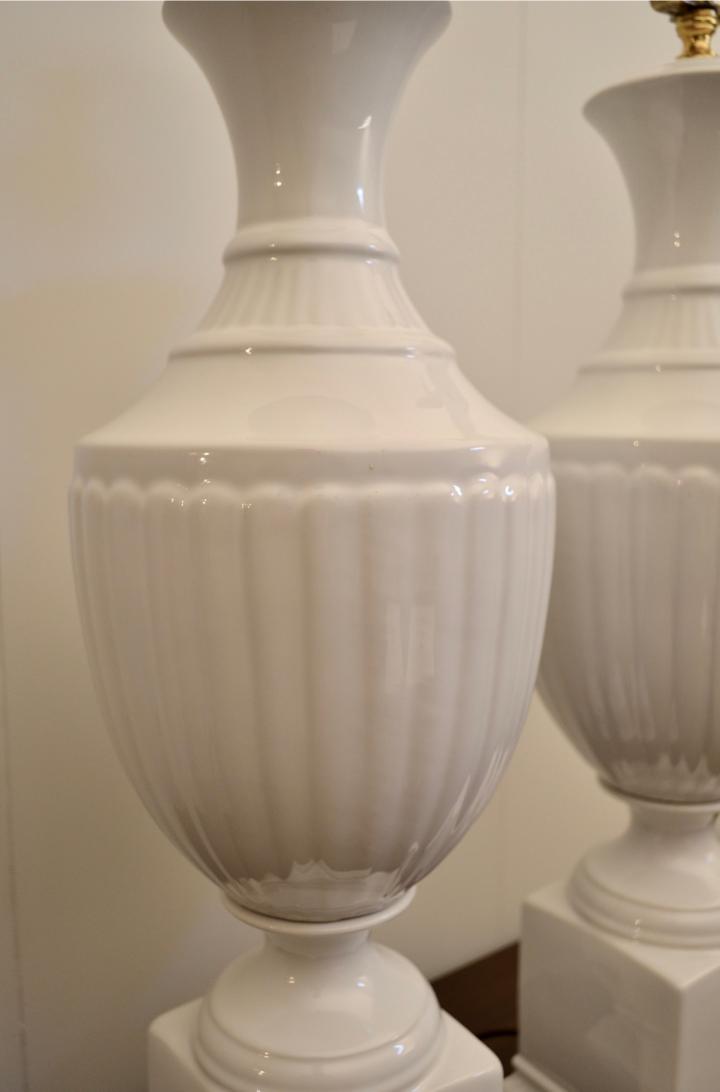 Detail of fluted body on vintage white ceramic urn-style table lamp